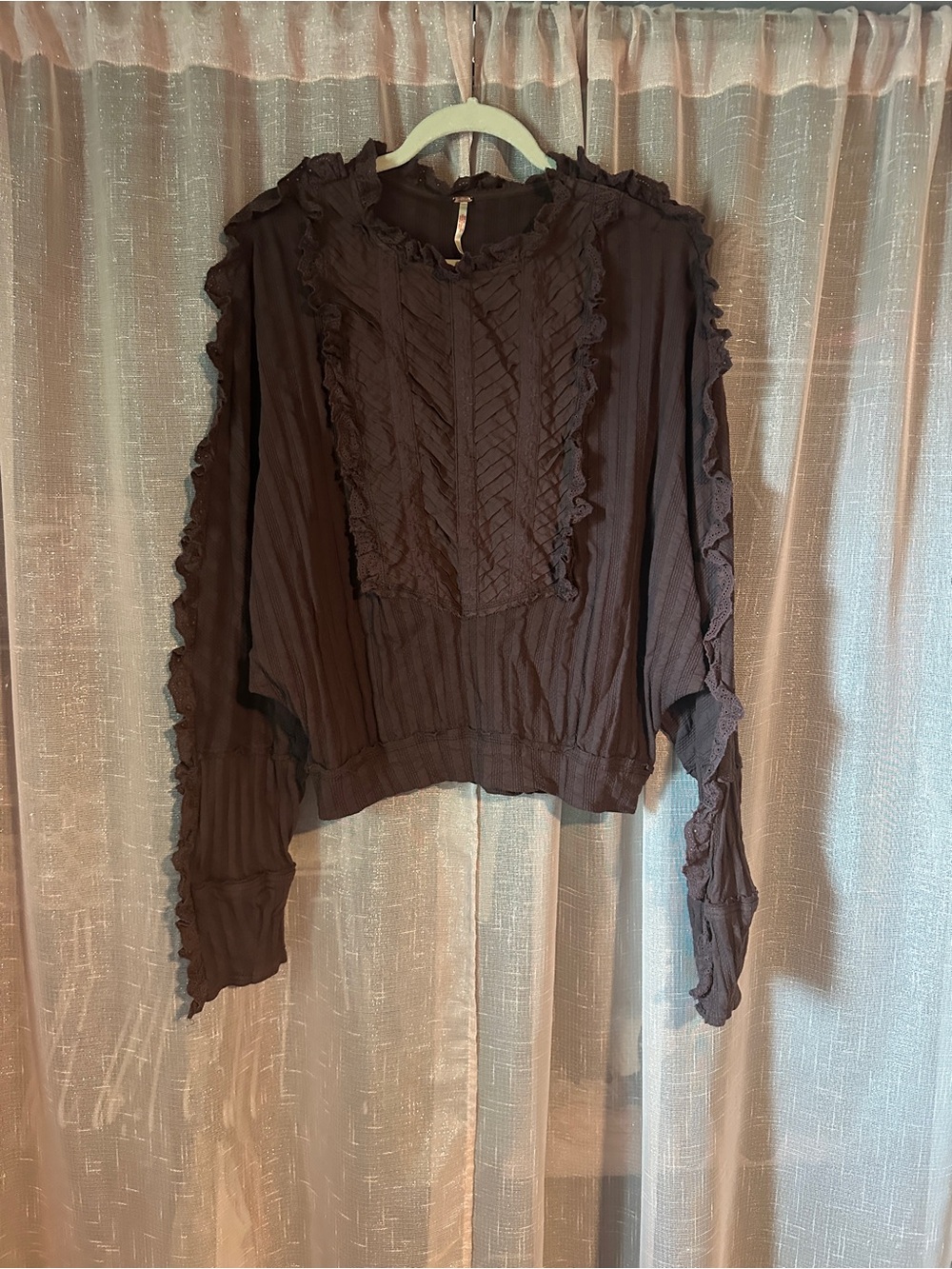 Free People Deep Brown Ruffle-Trim Long Sleeve Blouse